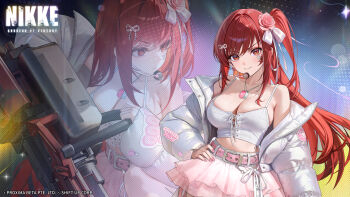 1girl absurdres bare_shoulders belt belt_buckle bow breasts buckle cleavage closed_mouth copyright_name corset flower frilled_skirt frills goddess_of_victory:_nikke gun hair_bow hair_flower hair_ornament hair_ribbon hand_on_own_hip headset highres holding holding_gun holding_weapon jacket jewelry large_breasts logo long_hair long_sidelocks long_sleeves multiple_views off_shoulder official_alternate_costume official_art one_side_up open_clothes open_jacket pendant pink_belt pink_flower pink_nails pink_rose pink_skirt rapi_(nikke) rapi_(red_hood)_(nikke) rapi_(red_hood)_(shining_light)_(nikke) red_hair ribbon rose sidelocks skirt smile sparkle swept_bangs very_long_hair weapon white_corset white_jacket white_ribbon