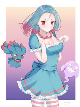1girl artist_name blue_dress blue_hair blue_skirt breasts cleavage creature_and_personification dated dress gen_2_pokemon ghost ghost_pose gradient_background hands_up highres jewelry medium_breasts medium_hair misdreavus mugitoro_(dsfv2277) multicolored_hair necklace nintendo personification pokemon red_eyes red_hair short_sleeves skirt smile solo streaked_hair striped_clothes striped_thighhighs terastallization thighhighs