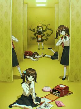 &gt;_&lt; 4girls absurdres backpack backrooms_(creepypasta) bag bag_charm black_eyes black_footwear black_skirt blue_ribbon brown_hair buttons ceiling_light charm_(object) closed_mouth doodles dress_shirt electrical_outlet fallen_down hair_ornament hat highres holding holding_bag holding_pencil holding_strap horror_(theme) indoors kotobuki_nashiko long_sleeves looking_at_viewer lying mary_janes medium_hair multiple_girls multiple_persona neck_ribbon notebook on_floor on_stomach open_bag open_mouth original pencil pencil_case pink_bag pleated_skirt randoseru red_bag ribbon school_bag school_hat school_uniform scribble shirt shoes sitting skirt smile socks standing twintails unworn_backpack unworn_bag wariza white_shirt white_socks yellow_eyes yellow_hat