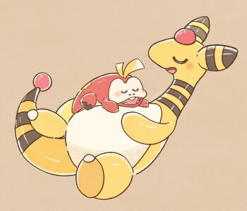 ampharos animal_focus blush closed_mouth fangs forehead_jewel fuecoco full_body gen_2_pokemon highres nintendo no_humans open_mouth pokemon pokemon_(creature) pokemon_focus simple_background sleeping smile tail teeth waltz_(wal_w_wal)