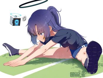 1girl adversarial_noise black_halo black_shirt black_shoes blue_archive blue_buruma blue_eyes blue_hair buruma cameltoe commentary_request exercising fingernails halo legs long_hair official_alternate_costume ponytail shirt shoes short_ponytail simple_background sitting solo special_cat stretching twitter_username white_background yuuka_(blue_archive) yuuka_(track)_(blue_archive)