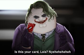 1boy batman_(series) blood blurry blurry_background card commentary cosplay dc_comics english_commentary english_text eyeshadow family_guy fat formal_clothes gloves green_hair green_vest highres holding holding_card joker_(dc)_(cosplay) kowai_(iamkowai) looking_at_viewer makeup peter_griffin purple_gloves purple_suit red_lips shirt short_hair smile solo suit teeth the_joker uno_reverse_card upper_body upper_teeth_only vest white_shirt