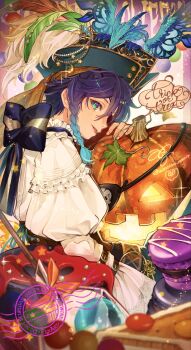 1boy absurdres belt blue_gemstone bow braid brown_belt candy commentary english_commentary eyelashes eyepatch fingernails food frilled_shirt frills gem genshin_impact gradient_hair halloween hat highres jack-o&#039;-lantern leaf macaron male_focus misoshiru_umai4 multicolored_eyes multicolored_hair on_head open_mouth parted_bangs plume profile shirt side_braid sleeves_past_fingers sleeves_past_wrists solo sparkle star_(symbol) striped_bow tongue trick_or_treat twitter_username venti_(genshin_impact) watermark white_shirt