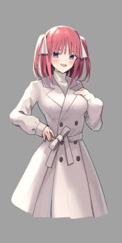 1girl :d alternate_costume blue_eyes coat cropped_legs go-toubun_no_hanayome grey_background hair_ribbon hand_on_own_chest highres long_coat long_sleeves looking_at_viewer medium_hair nakano_nino open_mouth pink_hair profnote ribbon smile solo two_side_up white_coat white_ribbon