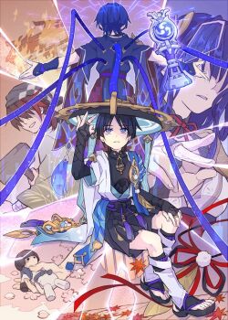 Rule 34 | 1girl, 3boys, aqua sleeves, armor, bandaged wrist, bandages, belt, black belt, black bow, black footwear, black hat, black kimono, black sash, black shorts, black sleeves, black socks, blue cape, blunt ends, bow, bridal gauntlets, brown hair, burning, burning building, cable, cape, cherry blossoms, curled fingers, doll, dual persona, feathers, fire, flower, from behind, genshin impact, gnosis (genshin impact), gold, gold ring, grass print, green kimono, green sleeves, hair over eyes, hakama, hakama shorts, hammer, hand on own knee, hand up, hat, headscarf, holding, holding doll, holding hammer, japanese armor, japanese clothes, jewelry, jingasa, kimono, kote, kurokote, layered clothes, layered kimono, layered sleeves, leaf, leg warmers, long hair, long sleeves, maple leaf, middle ring, mother and son, multicolored hair, multiple boys, nagi yusura, niwa (genshin impact), obi, obiage, okobo, open clothes, open hand, open kimono, outstretched arms, parted lips, petals, pink flower, platform sandals, pleated shorts, pom pom (clothes), purple belt, purple hair, purple kimono, purple rope, purple sash, raiden shogun, red belt, red hair, red ribbon, red sash, ribbon, ring, rope, sandals, sash, scaramouche (genshin impact), scene reference, short sleeves, shorts, shrug (clothing), sitting, smile, socks, streaked hair, string, stuffed toy, tassel, toes, vision (genshin impact), wanderer (genshin impact), white kimono, white leg warmers, white sleeves, white trim, wide sleeves