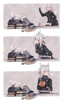 2girls 3koma ^_^ absurdres animal_ears artist_self-insert warrior_of_light_(ff14) book box cat_ears cat_girl cat_tail claw_ring closed_eyes comic dark-skinned_female dark_skin dress facial_mark final_fantasy final_fantasy_xiv fingerless_gloves fur-trimmed_dress fur_trim glasses gloves grey_hair heart-shaped_box highres hjz_(artemi) holding holding_quill inkwell looking_at_another miqo'te multiple_girls partially_fingerless_gloves quill red_eyes short_hair sleeping tail whisker_markings y'shtola_rhul zzz