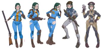 1girl absurdres assault_rifle backpack bag beret blue_bodysuit bodysuit boots brown_boots brown_gloves brown_shoes caynilart commentary english_commentary fallout fallout_76 gloves green_eyes green_hair gun hand_on_own_hip handgun hat highres jacket kalashnikov_rifle military_hat military_uniform musket necktie nervous pip_boy rifle shoes short_hair solo torn_clothes trigger_discipline vault_suit weapon wrist_computer