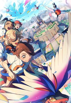 1boy 3girls ahoge arven_(pokemon) blue_vest brown_eyes brown_hair building closed_mouth cloud collared_shirt day eyelashes fletchling gen_2_pokemon gen_6_pokemon hashtag-only_commentary highres holding hoppip juliana_(pokemon) koraidon multicolored_hair multiple_girls necktie nemona_(pokemon) nintendo orange_necktie orange_shorts outdoors penny_(pokemon) pokemon pokemon_sv ponytail riding riding_pokemon school_uniform selyg15 shirt shoes shorts sky smile socks squawkabilly squawkabilly_(blue) squawkabilly_(green) squawkabilly_(white) squawkabilly_(yellow) stairs two-tone_hair vest white_shirt white_socks