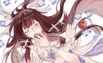 1girl apple blue_flower columbina_(genshin_impact) commentary dress english_commentary eye_mask feathered_wings flower food fruit genshin_impact highres holding holding_food holding_fruit jinxixme long_hair mask multicolored_eyes multicolored_hair one_eye_closed ribbon see-through_clothes see-through_mask very_long_hair white_background white_dress white_ribbon wings