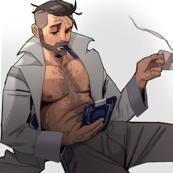 1boy asymmetrical_hair beard chest_hair chris_sdd clipboard coat coffee_mug connected_beard cup facial_hair grey_hair highres holding holding_clipboard holding_cup lab_coat male_focus mature_male mug nintendo nipples open_clothes open_coat pants pen_in_mouth pokemon pokemon_sv raised_eyebrow short_hair sidecut simple_background sweatpants professor_turo undercut white_background