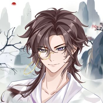 &gt;:) 1boy bare_tree brown_hair chinese_clothes chinese_commentary closed_mouth collarbone commentary_request curtained_hair gongzi_xiyu hair_between_eyes hanfu highres hua_yi_shanxin_zhiyue karst lips long_hair looking_ahead male_focus monocle mountain portrait purple_eyes robe smile solo sun tree v-shaped_eyebrows wen_siyu white_hanfu white_robe wolf_cut