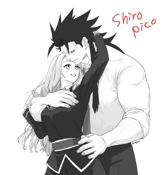 Rule 34 | 1boy, 1girl, belt, black pants, black shirt, couple, epaulettes, hug, hug from behind, juiz (undead unluck), long hair, muscular, no eyebrows, pants, shiropico, shirt, spiked hair, undead unluck, veins, veiny arms, veiny hands, victor (undead unluck), white shirt