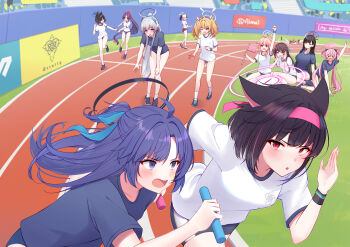 absurdres airi_(blue_archive) bare_legs black_hair black_halo blonde_hair blue_archive blue_buruma blue_eyes blue_hair breasts buruma colored_inner_animal_ears colored_inner_hair commentary hairband halo high_ponytail highres kayoko_(blue_archive) kazusa_(blue_archive) kikyou_(blue_archive) large_breasts long_hair mechanical_halo medium_breasts multicolored_hair multiple_girls natsu_(blue_archive) noa_(blue_archive) pink_hair pink_hairband pink_halo ponytail purple_hair purple_hairband red_eyes red_hair rio_(blue_archive) running running_track shirt shoes short_hair small_breasts sneakers socks stadium t-shirt track_suit two-tone_hair untranslatable_commentary white_hair white_shirt white_socks yata_mawari yoshimi_(blue_archive) yukari_(blue_archive) yuuka_(blue_archive)