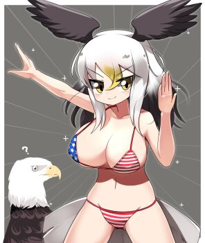 1girl american_flag american_flag_bikini american_flag_print bald_eagle bald_eagle_(kemono_friends) bikini bird black_hair black_wings blonde_hair blush border breasts closed_mouth commentary_request cowboy_shot creature_and_personification eagle feathered_wings flag_print flag_print_bikini gradient_hair grey_background head_wings highres kemono_friends large_breasts lets0020 long_hair looking_at_viewer multicolored_hair personification print_bikini smile solo swimsuit v-shaped_eyebrows white_border white_hair wings