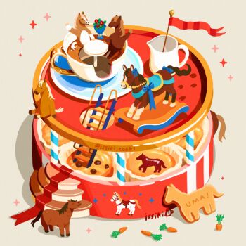 bouquet carrot chinese_zodiac commentary_request cookie creamer_(vessel) flag flower food horse issiki_toaki no_humans original red_flower stairs table year_of_the_horse