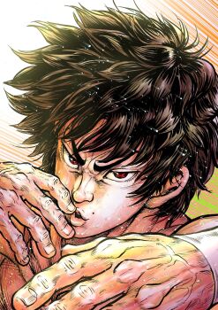 Rule 34 | 1boy, brown hair, close-up, commentary request, grappler baki, hanma baki, highres, itagaki masaya, mole, mole above mouth, muscular, muscular male, red eyes, short hair, solo, sweatdrop, veins, wristband