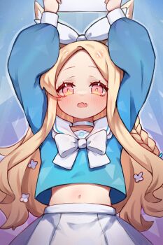 1girl animal_ears arms_up arona_(blue_archive) arona_(blue_archive)_(cosplay) blonde_hair blue_archive blue_shirt blush bow braid choker cosplay fang fox_ears fox_girl hair_bow highres long_hair long_sleeves looking_at_viewer midriff miya_(miyaruta) navel open_mouth pink_eyes puffy_long_sleeves puffy_sleeves sailor_collar sailor_shirt seia_(blue_archive) shirt skin_fang skirt solo wavy_hair white_bow white_choker white_sailor_collar white_skirt