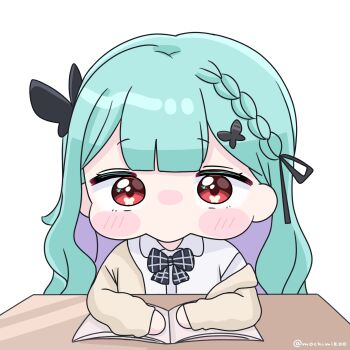 1girl black_bow bow brown_cardigan butterfly_hair_ornament cardigan collared_shirt commentary_request dress_shirt green_hair hair_ornament highres hololive long_hair looking_at_viewer mochimiko multicolored_hair off_shoulder open_cardigan open_clothes plaid_bow purple_hair red_eyes shirt simple_background solo twitter_username two-tone_hair upper_body uruha_rushia uruha_rushia_(school_uniform) virtual_youtuber white_background white_shirt yurie_mouth