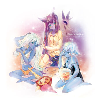 3girls absurdres animal_ears blue_skin breasts brush character_doll cleavage colored_skin doll english_text hammer highres league_of_legends long_hair lulu_(league_of_legends) multiple_girls pajamas pillow pix_(league_of_legends) pointy_ears poppy_(league_of_legends) purple_hair purple_skin short_hair teemo tristana_(league_of_legends) veigar war_hammer warhammer weapon white_hair yedda50431 yordle