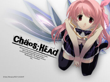 1girl :o antenna_hair black_shoes black_thighhighs blazer bow bowtie breasts brown_jacket buttons chaos;head collared_shirt copyright_name ears_visible_through_hair from_above hair_bow hair_ribbon highres holding_own_hand jacket lapels loafers long_hair looking_at_viewer looking_up miniskirt necktie notched_lapels official_art one_side_up open_mouth petticoat pink_bow pink_eyes pink_hair plaid_bow plaid_bowtie plaid_clothes plaid_necktie plaid_skirt purple_bow purple_bowtie purple_skirt ribbon sakihata_rimi sasaki_mutsumi school_emblem school_uniform science_adventure shirt shoes skirt solo suimei_academy_school_uniform thick_thighs thighhighs thighs v_arms white_shirt zettai_ryouiki