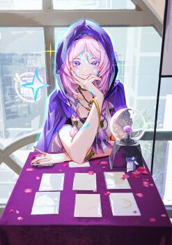 1girl absurdres blue_eyes card citlali_(genshin_impact) commentary dress facial_mark genshin_impact highres jelmul long_hair looking_at_viewer orb pink_hair purple_hood smile solo table triangle triangle_facial_mark white_dress