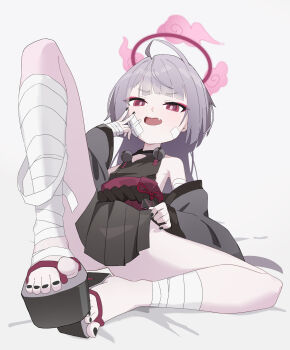 1girl absurdres ahoge ass bandaged_ankle bandaged_arm bandaged_foot bandaged_hand bandaged_leg bandages bandaid bandaid_on_cheek bandaid_on_face bare_legs bare_shoulders bell black_kimono black_nails black_sandals black_skirt black_toenails blue_archive blunt_bangs bow china_dress chinese_clothes cleavage_cutout clothes_grab clothes_lift clothing_cutout commentary detached_sleeves diamond_cutout dot_nose dress dress_lift fang feet fingernails flat_chest foreshortening full_body gauze gauze_on_cheek gauze_on_face grey_jacket grey_sleeves halo hand_up highres jacket japanese_clothes jingle_bell kaminari_(edeath) kimono knee_up lifting_own_clothes loli long_hair long_sleeves looking_at_viewer nail_polish no_panties obi off_shoulder okobo open_clothes open_jacket open_mouth platform_sandals pleated_skirt purple_hair red_bow red_eyes red_halo red_obi red_sash rope sandals sash shimenawa shuro_(blue_archive) sideless_dress sideless_kimono sideless_outfit sidelocks simple_background sitting skin_fang skirt smile solo spread_legs straight_hair thighs toes v v-shaped_eyebrows v_over_eye very_long_hair white_background wide_sleeves