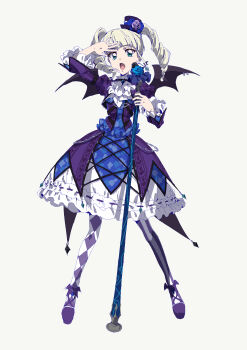 Rule 34 | 1girl, absurdres, aikatsu!, aikatsu! (series), asymmetrical legwear, bat wings, black nails, chain, checkered pantyhose, commentary request, dress, drill hair, fang, frilled dress, frills, full body, green eyes, hands up, hat, highres, holding, holding microphone stand, long hair, long sleeves, looking at viewer, medium dress, microphone, microphone stand, mini hat, mini top hat, open mouth, pantyhose, purple dress, sidelocks, solo, standing, straight hair, striped clothes, striped pantyhose, todo yurika, top hat, twin drills, vertical-striped clothes, vertical-striped pantyhose, white hair, wings, yamaguchi haruka (tenpiboshi)