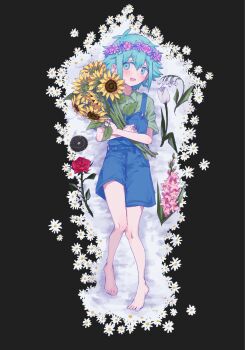 Rule 34 | 1boy, antenna hair, barefoot, basil (headspace) (omori), basil (omori), black background, blue overalls, blush, cactus, collared shirt, commentary request, double-parted bangs, flower, flower wreath, full body, gladiolus, green eyes, green hair, green shirt, hair between eyes, head wreath, highres, holding, holding flower, lily of the valley, looking at viewer, male focus, omori, open mouth, overall shorts, overalls, red flower, red rose, rose, sano gameya, shirt, short sleeves, sidelocks, simple background, smile, solo, sunflower, tulip, white flower, white tulip
