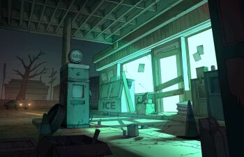 abandoned absurdly_detailed_composition absurdres aimeedrawsstuff bare_tree box can car cardboard_box complex_exterior freezer gas_station headlight_beam highres motor_vehicle newspaper_box night original paper plank power_lines road scenery spare_tire traffic_cone tree unused_tire utility_pole wheel