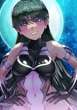 1girl absurdres arion_canvas armpits bishoujo_senshi_sailor_moon bodysuit dark-skinned_female dark_skin full_moon green_hair hands_on_own_hips highres leotard lips long_hair looking_at_viewer meiou_setsuna moon pink_eyes sailor_pluto shaded_face skin_tight smile solo star_(sky) swept_bangs taimanin_(series) taimanin_suit very_long_hair