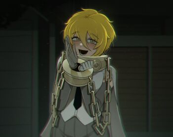 1girl black_necktie black_skirt blonde_hair blush cape chain chainsaw_man cuffs cuffs-to-collar don_quixote_(project_moon) highres index_(identity)_(project_moon) limbus_company looking_at_viewer messy_hair misg1111 necktie open_mouth pleated_skirt project_moon scene_reference shirt short_hair skirt smile solo white_cape white_shirt yellow_eyes