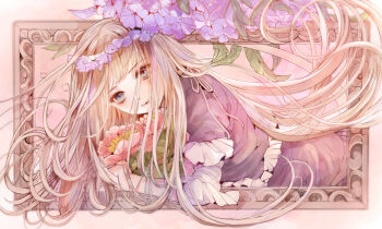 1girl blonde_hair blue_eyes commission dress flower frills hair_flower hair_ornament head_wreath holding holding_flower komorihikki long_hair looking_at_viewer original parted_lips purple_dress purple_flower sensitive short_sleeves solo very_long_hair