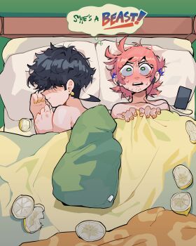 2girls absurdres bed bed_sheet black_hair blush cellphone commentary diforland earphones earrings english_commentary english_text female_focus food food-themed_earrings food_themed_earrings fruit green_eyes hair_over_eyes highres jewelry lemon lemon_earrings lying messy_hair multiple_girls naked_sheet on_bed on_side orange_hair original phone pillow sheet_grab short_hair sleeping smartphone smile snot speech_bubble sweat thought_bubble under_covers yuri