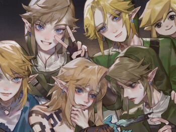 6+boys black_eyes black_gloves blue_eyes chinese_commentary closed_mouth commentary_request copyright_request earrings fingerless_gloves gloves green_hat green_shirt grin hand_on_another&#039;s_shoulder hat highres jewelry lin09 link male_focus multiple_boys multiple_persona nintendo pointy_ears shirt short_hair shoulder_tattoo smile sweat tattoo the_legend_of_zelda the_legend_of_zelda:_breath_of_the_wild the_legend_of_zelda:_tears_of_the_kingdom the_legend_of_zelda:_the_wind_waker the_legend_of_zelda:_twilight_princess toon_link v white_shirt