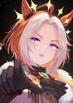 ahoge animal_ears ascot black_ascot black_gloves blue_eyes blush coat commentary_request ear_covers gem gloves green_gem highres horse_ears horse_girl jacket long_hair long_sleeves looking_at_viewer multicolored_hair orange_hair orfevre_(control)_(umamusume) orfevre_(umamusume) parted_lips reaching reaching_towards_viewer ruko_(stella60lucko) single_ear_cover two-tone_hair umamusume white_coat white_hair