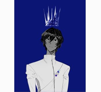 1boy arjuna_(fate) black_eyes black_hair blue_background crown dark-skinned_male dark_skin expressionless fate/grand_order fate_(series) grand_servant_(fate/grand_order) hair_between_eyes hatching_(texture) highres lemmmo03 long_sleeves looking_up male_focus shirt short_hair simple_background solo white_shirt