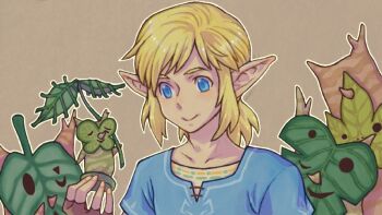 Rule 34 | 1boy, blonde hair, blue eyes, brown gloves, closed mouth, collarbone, commentary request, creature, fingernails, gloves, korok, link, male focus, medium hair, nintendo, outline, pointy ears, saikachi (ogre tree), smile, the legend of zelda, the legend of zelda: breath of the wild, white outline