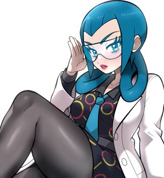 1girl absurdres adjusting_eyewear bags_under_eyes black_dress blue_eyes blue_hair border breasts coat commentary crossed_legs dress english_commentary glasses hair_rings highres lab_coat large_breasts long_hair long_sleeves looking_at_viewer mable_(pokemon) muis0802 necktie nintendo open_clothes open_coat pantyhose pokemon pokemon_legends:_z-a safety_glasses solo white_background white_border white_coat