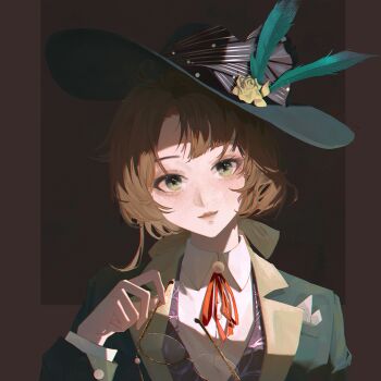 Rule 34 | 1girl, bow, brown background, brown hair, changzhounan, chinese commentary, collared shirt, commentary request, feathers, flower, glasses, green eyes, green feathers, green hat, green jacket, hair bow, hand up, hat, hat feather, hat flower, head tilt, highres, holding, holding removed eyewear, jacket, kakania (reverse:1999), looking at viewer, neck ribbon, picture hat, portrait, red ribbon, reverse:1999, ribbon, round eyewear, shirt, smile, solo, straight-on, tilted headwear, unworn eyewear, white shirt, yellow bow, yellow flower