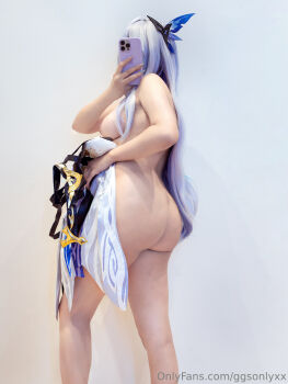 1girl ass back breasts completely_nude cosplay cosplay_photo covering_face genshin_impact ggsonlyxx hair_ornament holding holding_clothing holding_phone indoors kneepits large_breasts long_hair nipples nude phone photo_(medium) purple_hair real_life selfie sideboob skirk_(genshin_impact) skirk_(genshin_impact)_(cosplay) solo standing unworn_clothes