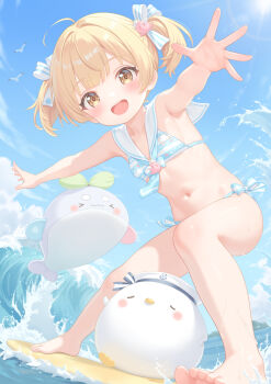 1girl ahoge armpits bare_arms barefoot bikini bird blonde_hair blue_bikini blue_ribbon blue_sky blush breasts feet from_below hair_intakes hair_ribbon highres legs_apart loli minami_mii multicolored_bikini navel ocean open_mouth original outstretched_arms rebun ribbon seagull short_hair sky small_breasts smile solo standing stomach striped_bikini striped_clothes striped_ribbon stuffed_animal stuffed_bird stuffed_toy stuffed_whale surfboard surfing swimsuit teeth thighs toes twintails two-tone_bikini two-tone_ribbon upper_teeth_only waves white_bikini white_ribbon yellow_eyes