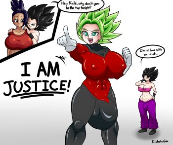 2futa ass bed bedroom black_eyes black_hair breasts bulge caulifla diabolussex dragon_ball dragon_ball_super ear_piercing english_text erection erection_under_clothes futa_without_pussy futanari highres huge_breasts huge_penis huge_testicles kale_(dragon_ball) large_breasts large_penis latex latex_suit long_hair looking_at_viewer multiple_futa muscular muscular_female on_bed penis piercing ponytail saiyan speech_bubble stomach_bulge super_saiyan testicles