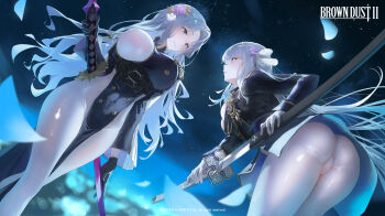 2girls absurdres ass bent_over black_gloves blade_(brown_dust) blue_eyes bodystocking breast_cutout breasts brown_dust_(series) brown_dust_2 cameltoe copyright_name darian_silverstein flower_hairpin gloves hair_ornament highres holding holding_sword holding_weapon large_breasts long_hair looking_at_another matsogum medium_breasts military_uniform multiple_girls night night_sky official_art open_mouth pantyhose pelvic_curtain petals scabbard sheath siblings sisters sky smile star_(sky) starry_sky sword upskirt weapon white_gloves white_hair white_pantyhose