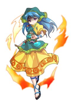 1girl alphes_(style) apron aqua_apron arm_ribbon between_fingers blue_hair blue_ribbon chisel commentary_request dairi dress fire full_body green_headscarf haniyasushin_keiki headscarf highres holding jewelry large_variant_set long_hair magatama magatama_necklace necklace parody pocket puffy_short_sleeves puffy_sleeves ribbon sandals shaded_face short_sleeves solo style_parody tachi-e tools touhou transparent_background variant_set wood_carving_tool yellow_dress