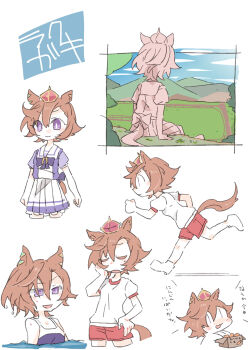 Rule 34 | 1girl, animal ears, beer hsk, blue one-piece swimsuit, blue sky, bow, box, breasts, brown hair, carrot, chibi, cloud, commentary request, crown, day, frilled skirt, frills, gym shirt, gym shorts, gym uniform, hair between eyes, holding, holding box, horse ears, horse girl, horse tail, mini crown, multiple views, one-piece swimsuit, partially submerged, pleated skirt, profile, puffy short sleeves, puffy sleeves, purple bow, purple eyes, purple shirt, red shorts, running, school uniform, shirt, short hair, short sleeves, shorts, sitting, skirt, sky, small breasts, swimsuit, t.m. opera o (umamusume), tail, tracen school uniform, translation request, umamusume, water, white background, white shirt, white skirt