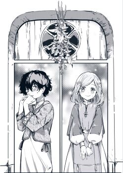 2girls agott_(tongari_boushi_no_atelier) black_hair blonde_hair blush child coco_(tongari_boushi_no_atelier) comic_panel_redraw commentary_request derivative_work dress fingernails greyscale highres iris04156086 kodomo_doushi long_sleeves mistletoe monochrome multiple_girls qifrey's_atelier_apprentice_uniform short_hair smile sweatdrop tassel tongari_boushi_no_atelier yuri