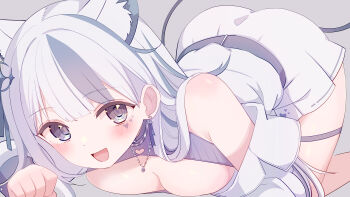 1girl :d absurdres animal_ears belt blush breasts cat_ears cat_girl cleavage cleavage_cutout clothing_cutout commentary_request commission cream_(nipakupa) dress grey_background grey_belt grey_hair heart highres indie_virtual_youtuber jewelry large_breasts long_hair mira_(mira27_) multicolored_hair necklace open_mouth pleated_dress short_dress simple_background skeb_commission smile solo split_mouth streaked_hair top-down_bottom-up virtual_youtuber white_dress white_hair