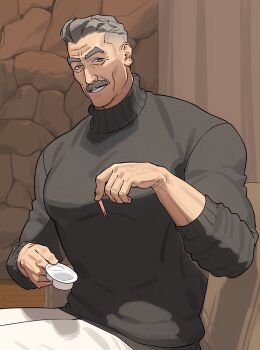 1boy commentary_request facial_hair food grey_eyes grey_hair grey_sweater highres holding holding_food indoors looking_at_viewer male_focus mature_male muscular muscular_male mustache old old_man original pants sa1k0p short_hair sitting sleeves_rolled_up smile solo sweater turtleneck turtleneck_sweater white_pants