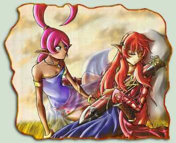 Rule 34 | 2girls, bare shoulders, blue dress, blue eyes, brown pants, circlet, commentary, dark-skinned female, dark skin, dress, earrings, english commentary, genie, grass, green background, highres, holding, holding sheath, jewelry, kyonne, long hair, long sleeves, looking at another, merlina (sonic), multiple girls, pants, pink hair, pointy ears, purple shirt, red hair, red robe, robe, sheath, shirt, sitting, sonic (series), sonic and the black knight, strapless, strapless shirt, teardrop earrings, very long hair