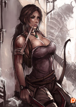 1girl armor bare_shoulders blood breasts brown_eyes brown_hair cleavage female_focus hiding ice jewelry lara_croft large_breasts light long_hair necklace snow solo standing tank_top tomb_raider tomb_raider_(reboot) torn_clothes watch weapon